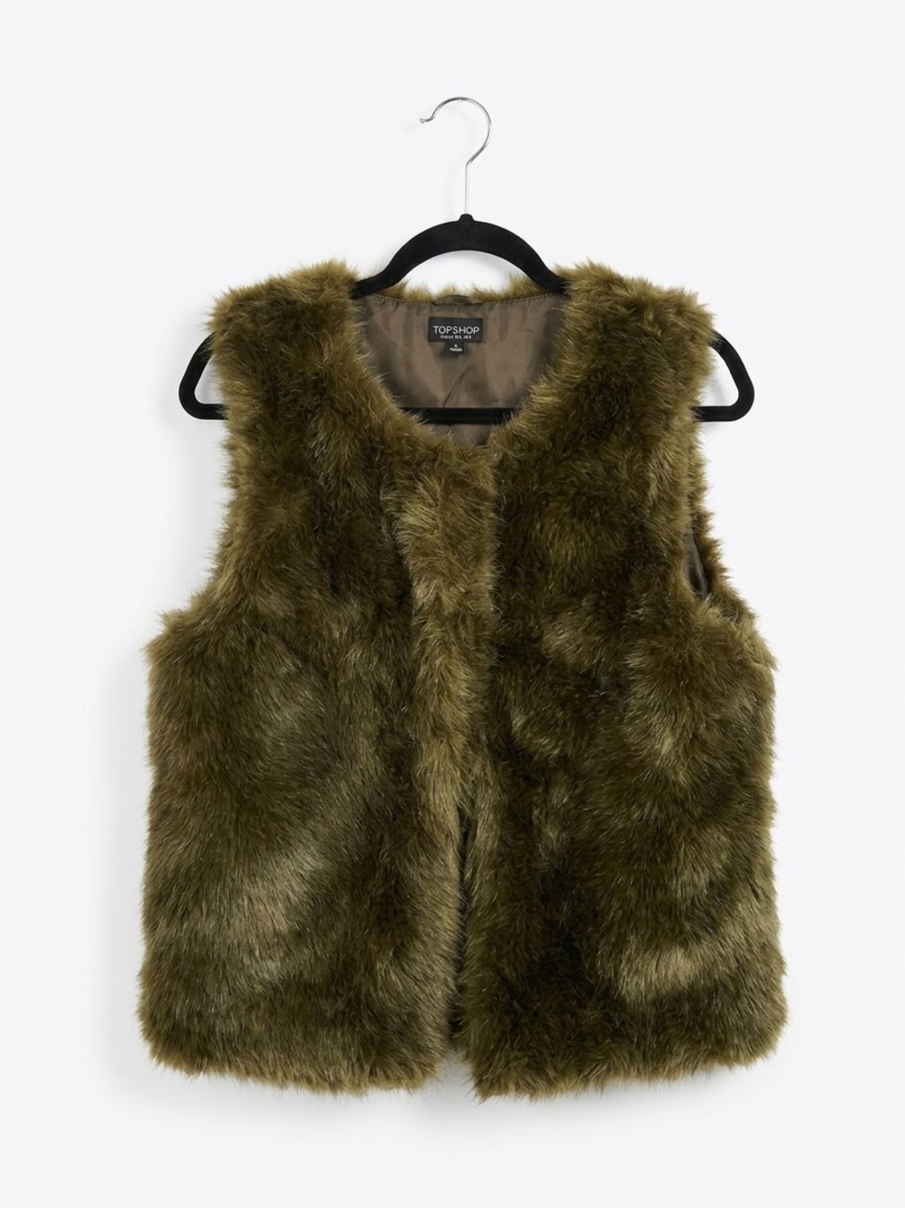 TOPSHOP Olive Green Faux Fur Vest Gilet Fluffy Sleeveless Jacket Boho 8